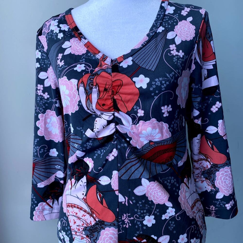 Vintage La Belle Floral Geisha Pink Red 3/4 Sleeve V Neck Womens Y2k Top